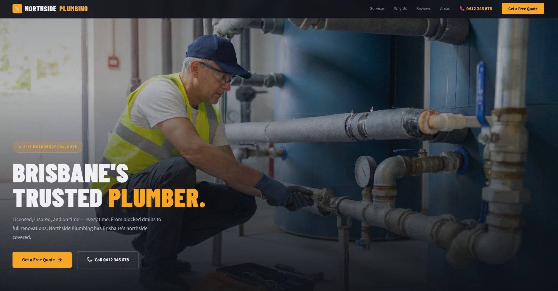 Northside Plumbing website — bold trade site with one-tap quote and call buttons